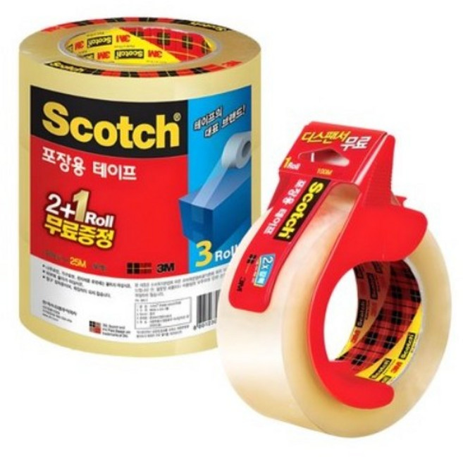 스카치 포장 박스 테이프 48mm x 25m 3625V 2+1 + 48mm x 100m 3615 + 디스펜서, 기본구성, 1세트