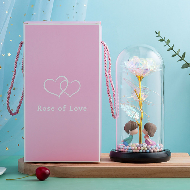 Clybo 영생화 유리커버 장미꽃 발렌타인데이 선물 장미 유리 커버, 스위트