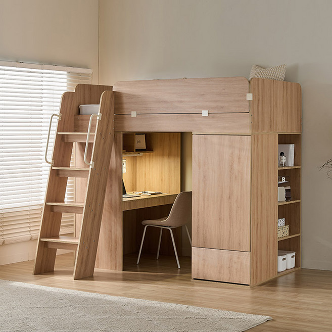 삼익가구 빅 네스트 벙커 이층 침대+옷장/책장+책상 세트, 침대+책장+책상+LED (매트제외)_오크
