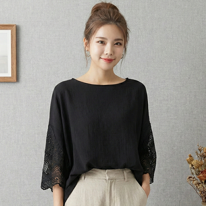 데일로엔 여성 루즈핏 빅사이즈 레이스 반팔 데일리 여름 티셔츠