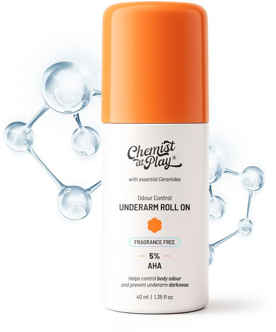 Chemist At Play UnderArm Roll-On 40ml with 5% AHA Lactic Acid and 1% Mandelic Acid Prevents Odour