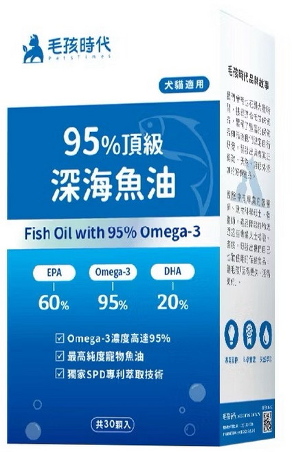 毛孩時代 犬貓適用-95%頂級深海魚油 Omega-3脂肪酸 維持心血管健康, 30顆, 皮膚/頭髮, 2盒