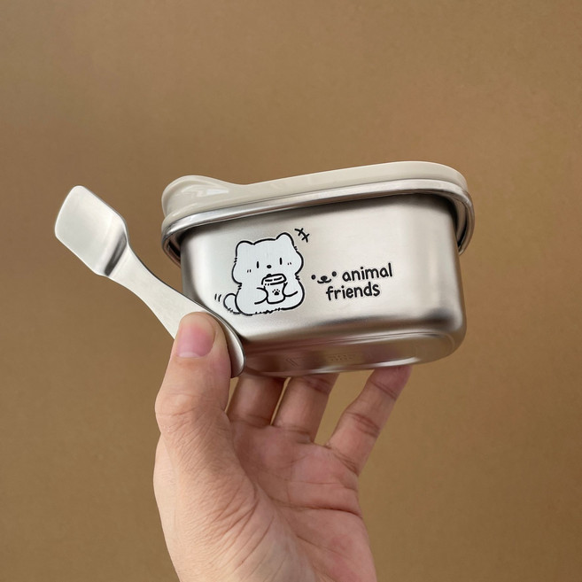 애니멀 스텐 전자레인지 미니 도시락 반찬통 밀폐용기 샐러드 미니도시락 건강도시락 다이어트도시락 점심도시락 간편도시락, 1개, 원색 300ml-고양이 아이스크림 스푼
