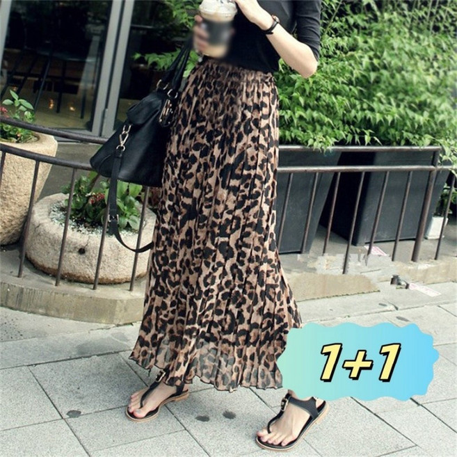 AOKADA 1+1여성 여름 호피 무늬 플리츠 롱 치마 밴닝 하이웨스트 A라인 쉬폰 스커트