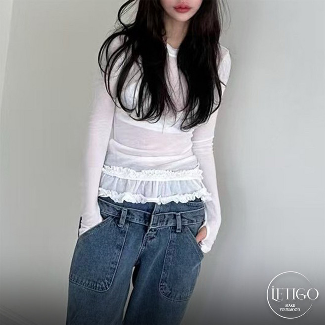 레티고 청순여리 슬림핏 레이스 프릴 시스루 이너 티