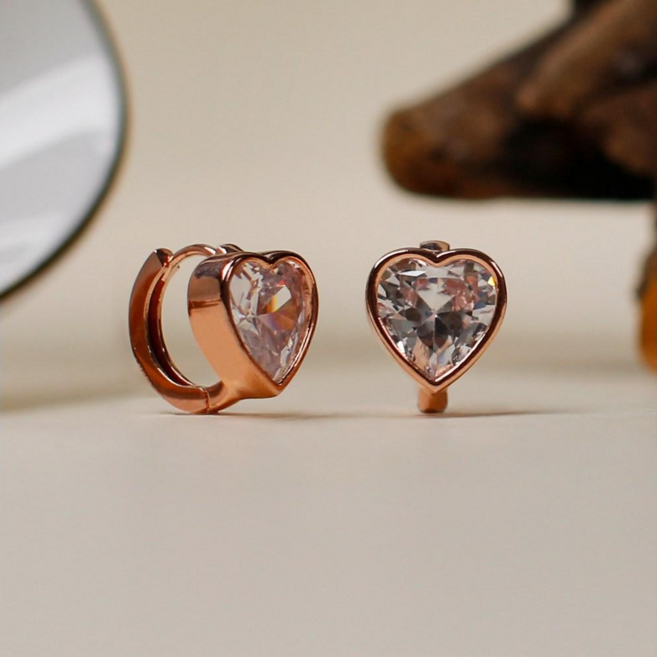 [초콜리트쥬얼리] 폴인럽 하트 큐빅 로즈골드 미니 원터치 링귀걸이