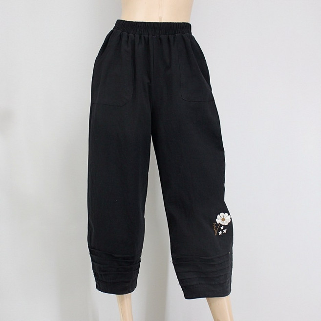 [서울양품점] 마미무지 꽃자수 워싱 면밴딩바지 여성 와이드 루즈핏 팬츠