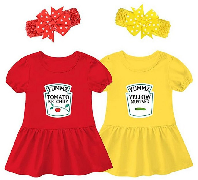 YSCULBUTOL Baby Twins 바디수트 케첩 머스타드 신생아 여아 매칭 의상 자매 드레스 유아용 롬퍼 머리띠 세트 레드 옐로우 머스타드 6-9 개월 235524