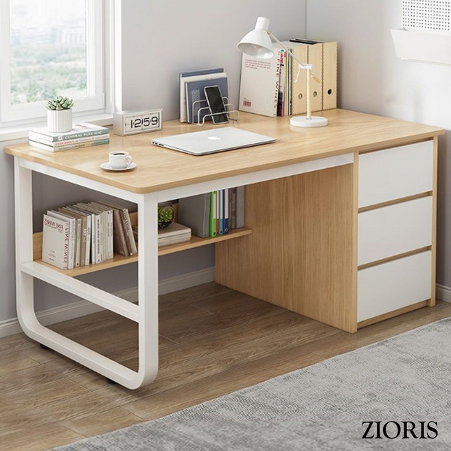 지오리스 능률업업 학생 및 사무용 3단 수납 서랍장 & 책상 테이블 세트, 우드