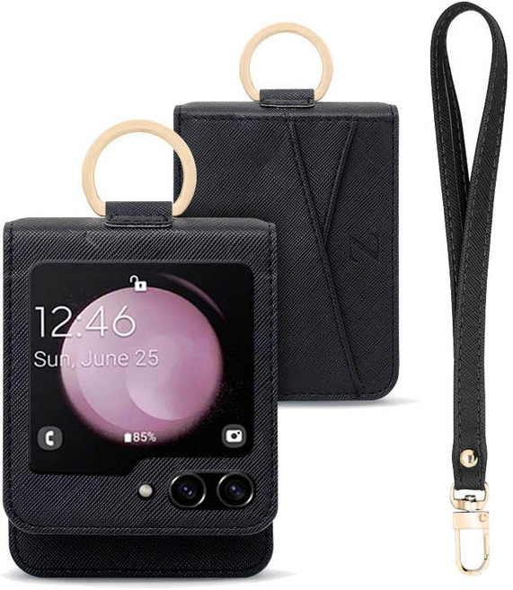 아모하 갤럭시 Z플립5 SM-F731 사피아노 가죽 레더 카드 3장 포켓 수납 핑거 골드 고리 핑거 링 핸드 손목 스트랩 지갑 월렛 케이스