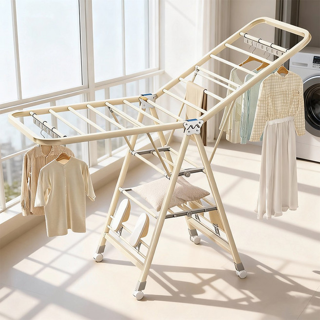 이동 접이식 빨래건조대 대형 가정용 양날개 건조대 다기능 이불건조대, 크림색