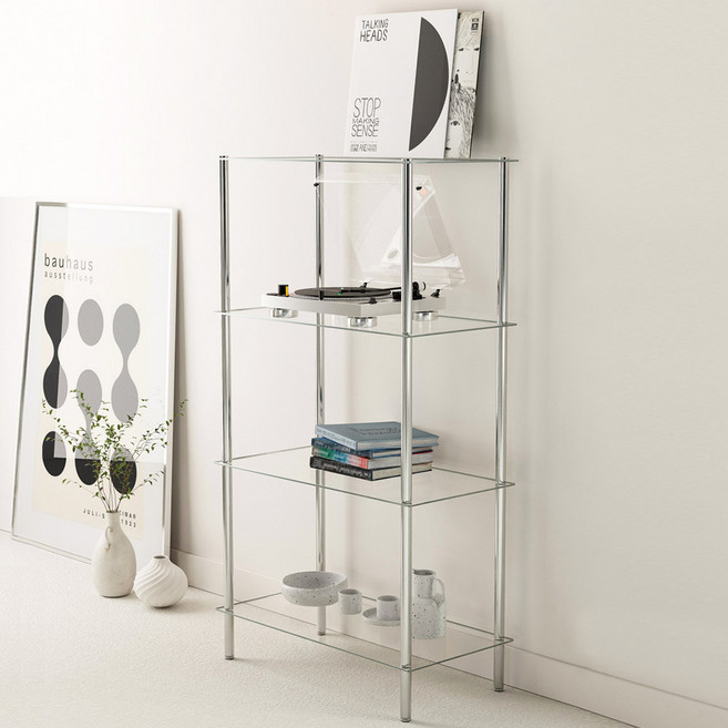 키모 스텐 미드센츄리 모듈 유리 선반 4단 진열장, 투명