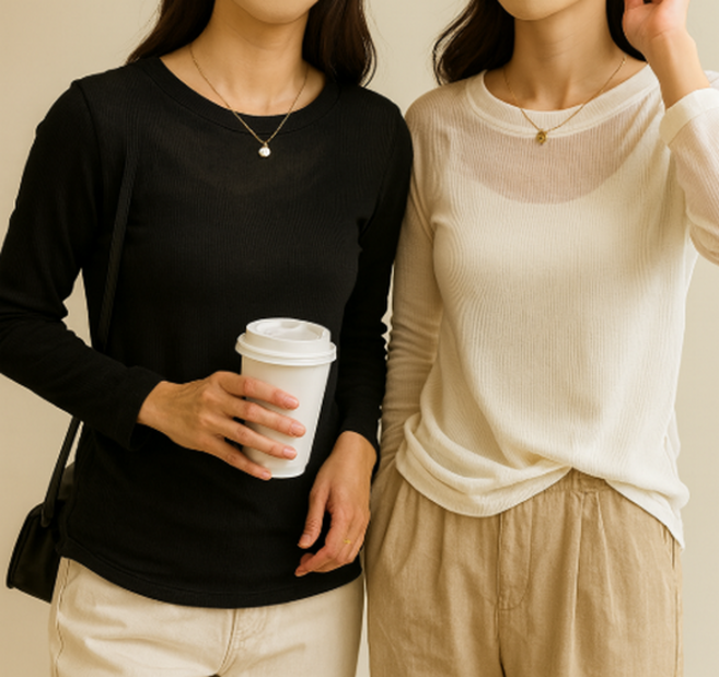 여성 데일리 시스루 라운드넥 긴팔 티셔츠 2종 세트