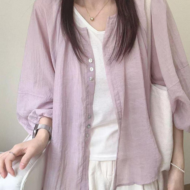 法式天絲亞麻燈籠袖襯衫 女 夏薄款防曬外搭罩衫 寬鬆