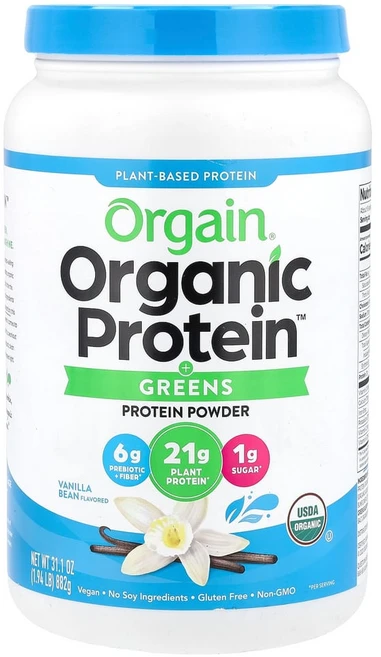 Orgain 프로틴 앤드 그린스 파우더 식물성 바닐라 빈 882g, 1개 - 쿠팡