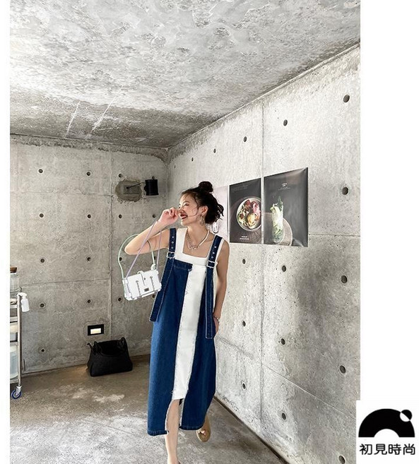 初見 大尺碼牛仔背帶裙 顯瘦不規則設計感連衣裙, 23黑色 高品質收藏關注店鋪送,XL（建議115-130斤）