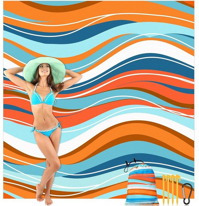 Hillsuren Beach Blanket 78 x 81 Inch Waterproof Sandproof Oversized Mat Extra Large Quick Drying D, 6'6" x 6'9" (Rectangular), 오렌지 리플