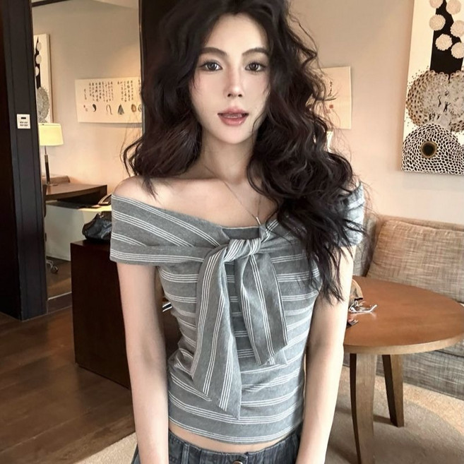 COSYEVNO 여성 봄여름 오프숄더 스트라이프 리본 리본 블라우스 Tzkdx-55