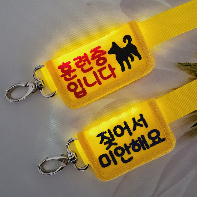 따봉공방 주문제작 강아지 옐로 명찰 야간 산책 리드줄 벨크로 LED 라이트 블링커 네임택 인식표 펫티켓 불빛, 1개, 옐로원단+진핑크글씨