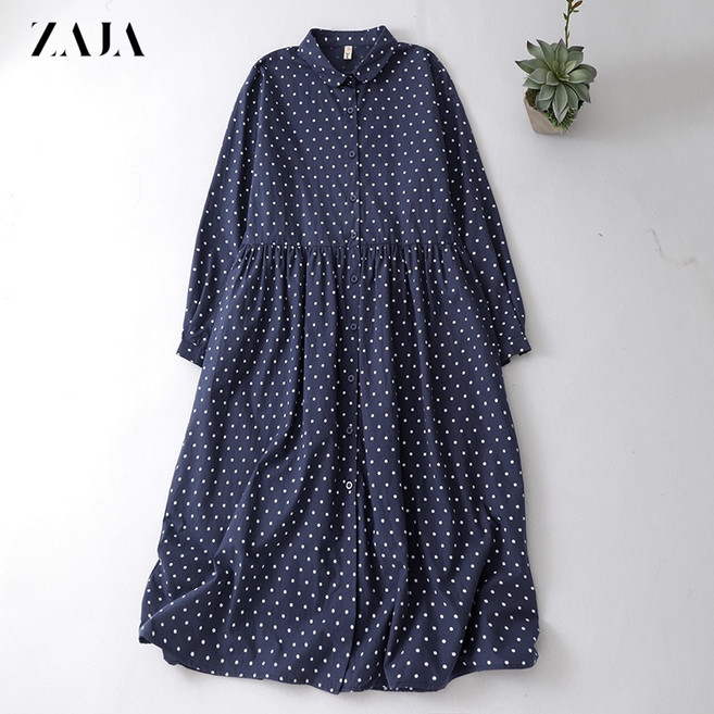 ZAJA 여성 면 롱 원피스 도트 긴팔 기본핏 데일리룩