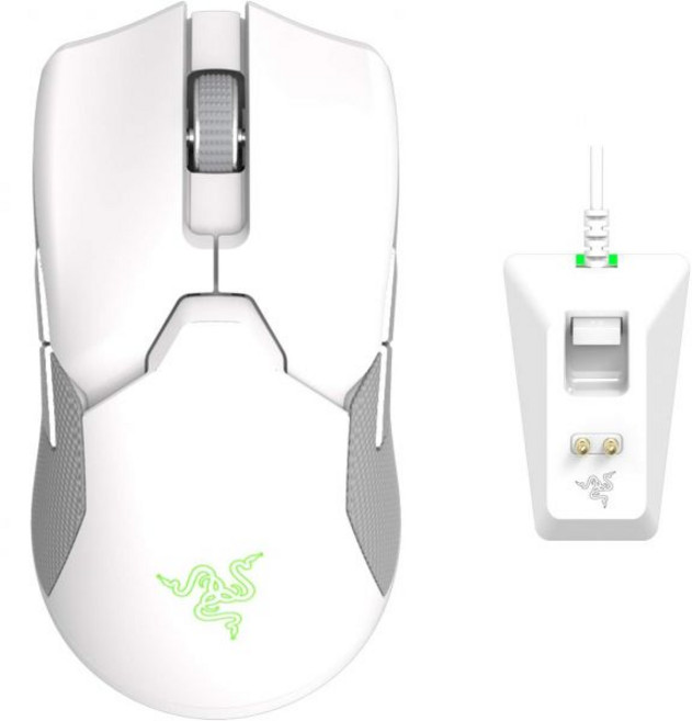 게이밍 마우스 고속반응 레이저 바이퍼 얼티밋 경량 무선 및 RGB 충전 도크 초고속 기술 - 20K DPI 광학 센서 74g 70시간 배터리 머큐리 화이트, Mercury White, Mouse + Dock