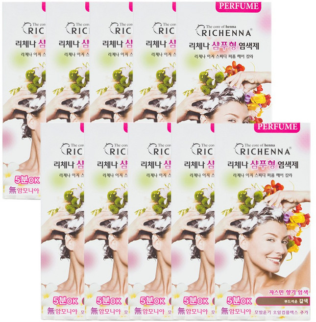 리체나 퍼퓸 새치전용 샴푸형 염색제, 부드러운 갈색, 10개