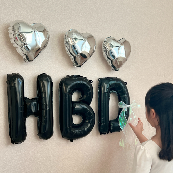 365잇템 5분완성 포토존 HBD 하트풍선 생일 파티용품, 1세트, 실버블랙