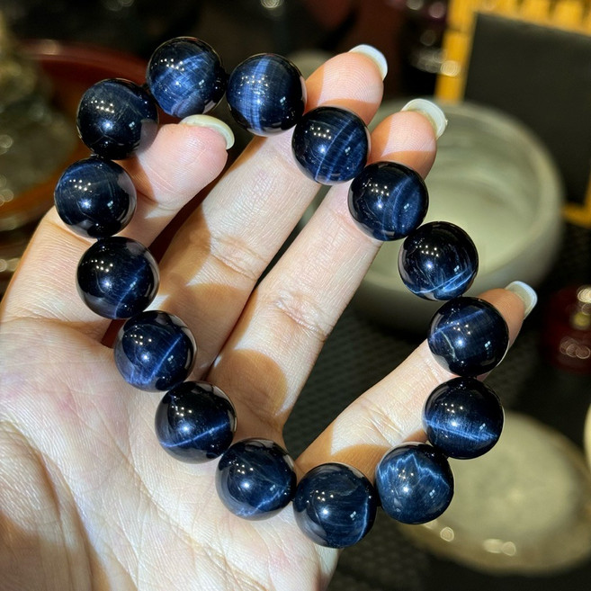 頂級全效應藍虎眼石手珠 14mm圓珠 貓眼光澤 無黑黃點無染色