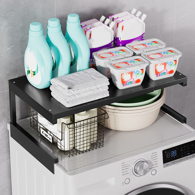 워촹스 세탁기 위 선반 길이조절 선반 2단 수납 자석 고정 철제, 블랙, 1개