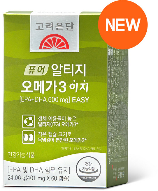 고려은단 퓨어 알티지 오메가3 이지 easy 목넘김 쉬운 편안 작은 식물성 캡슐 rTG 알티쥐 DHA EPA 600mg 혈행 눈 건강 관리 기능성 남자친구 여자친구 남편 아내 선물, 60정, 1개