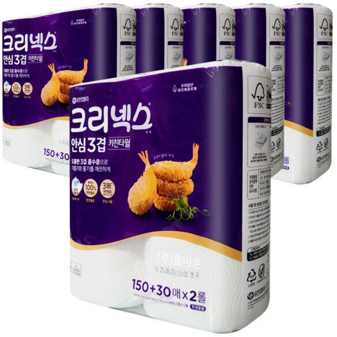 크리넥스 안심3겹 키친타올 150+30 (), 6개, 6매