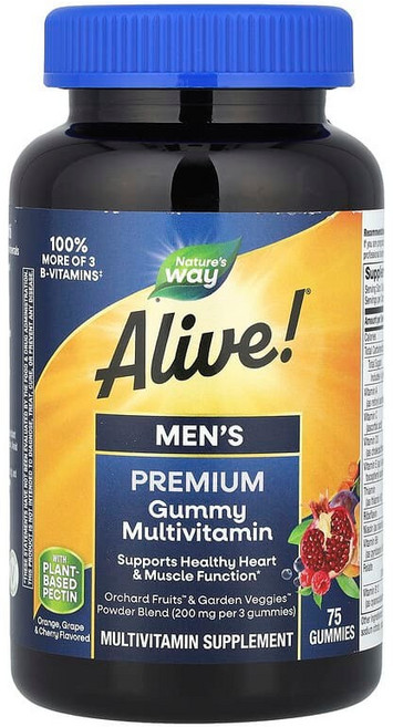 Nature's Way Alive!® 남성용 프리미엄 구미젤리 종합비타민 오렌지 포도 체리 맛 구미젤리 75개 NWY-15895, 75정, 1개