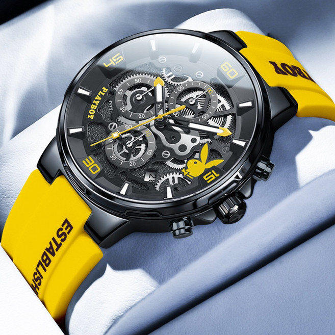 PLAYBOY 플레이보이 남성 아웃도어 스포츠 다기능 시계 충격흡수 실리콘 스트랩 워치