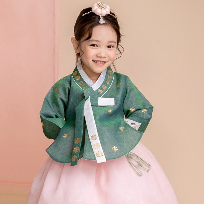 슬비당의 여아 한복 4세 유아 어린이 키즈 금박 초록 핑크치마 명절 3세 세돌