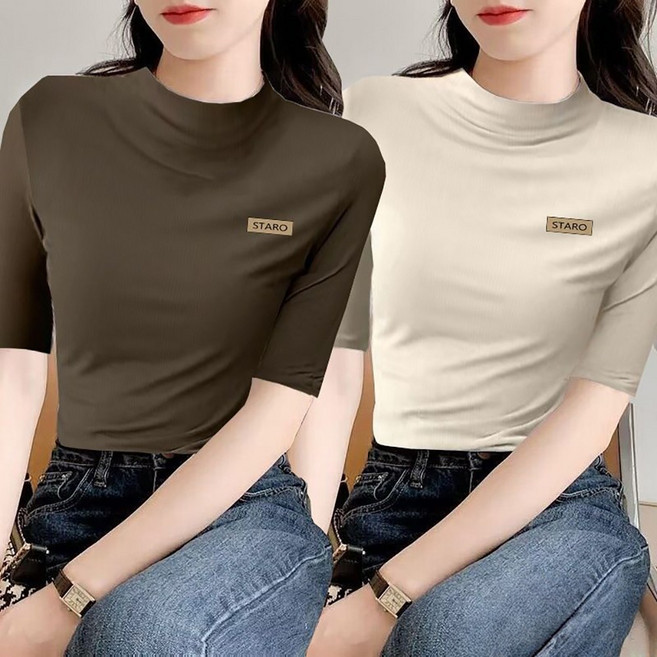 ROYALBELLE 2장묶음 여성 모달 반목넥 슬림핏 캐주얼 데일리 이너 레이어드 편안한 반팔 티셔츠 V01031108