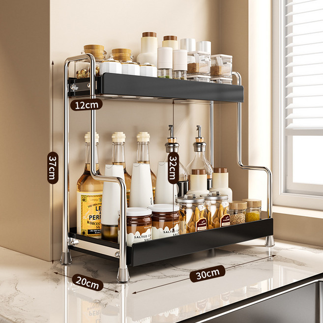 不鏽鋼廚房調料架雙層家用檯面調味品鹽置物架窄小多功能收納架, 1個, 黑色.小號:如图