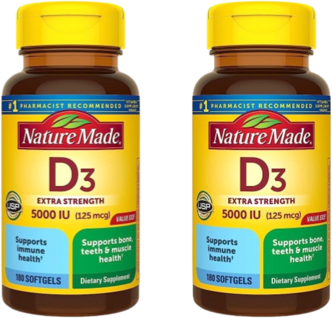 Nature Made Extra Strength Vitamin D3 네이처 메이드 엑스트라 스트렝스 비타민 5000IU(125mcg) 180소프트젤 2팩, 2개, 180정