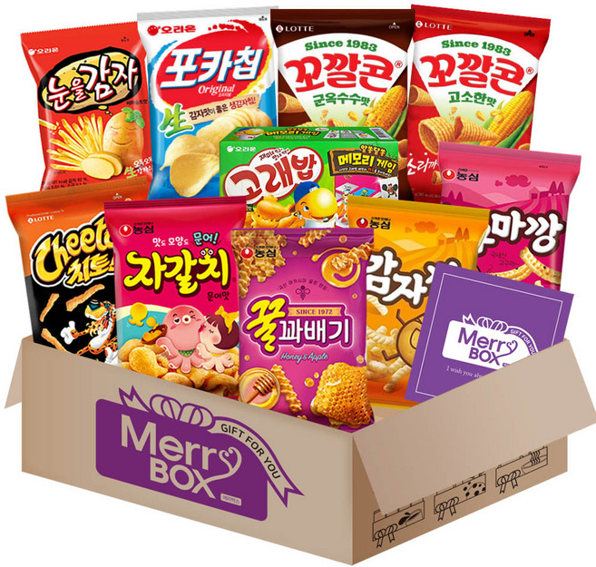 봉지스낵 과자세트 8호{포카칩+스윙칩+신짱+카라멜땅콩+고래밥+눈을감자+자갈치+꿀꽈배기+감자깡+고구마깡}+메세지카드, 1박스