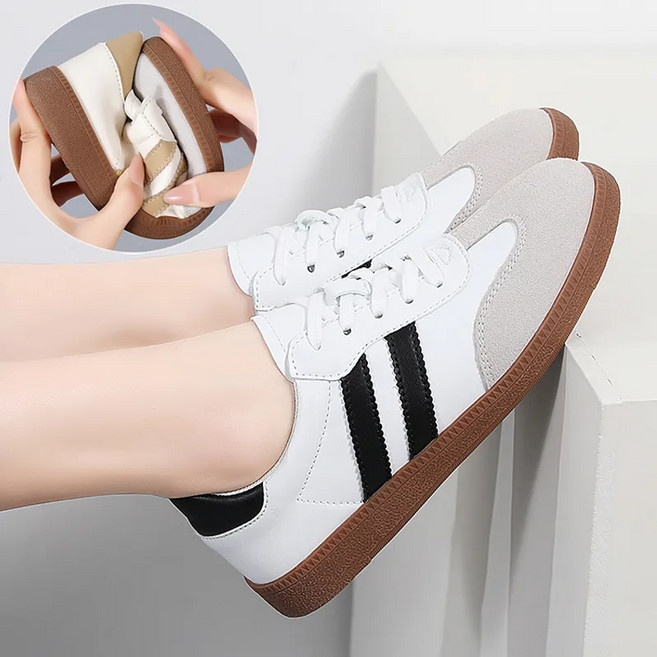 Angel 35-44 리얼 가죽 빅 사이즈 여성 미끄럼 방지 플랫 소가죽 배색 빈티지 스니커즈1-3cm