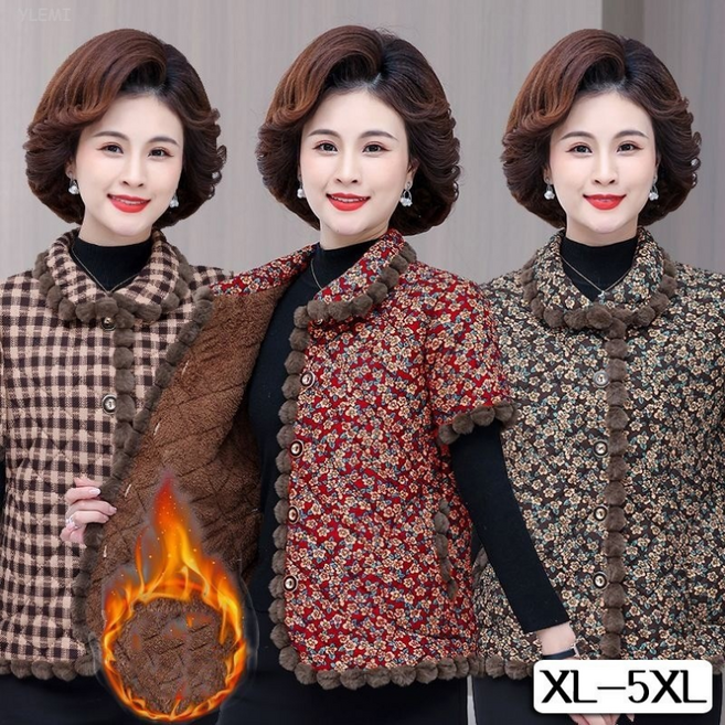 YLEMI 중년여성 가을 겨울 카라넥 잔꽃무늬 반팔 베스트 기모 캐주얼 패딩 조끼