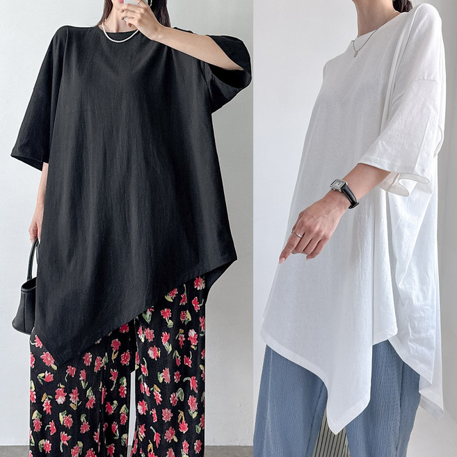 러브포텐 여성 오버 빅사이즈 롱 롱 반팔티 레이어드 사선언발 원피스티셔츠 77~99 사이즈 왕박시 내추럴 면티셔츠