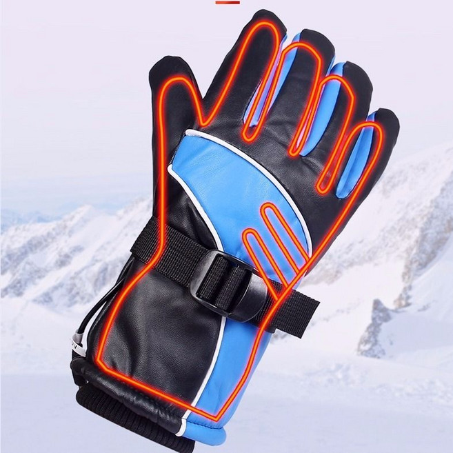 방한 발열장갑 오토바이 온열 발열 라이딩 장갑 자전거 스키 바이크 열선 겨울 + 보조 배터리 세트, PU 원단, 블루