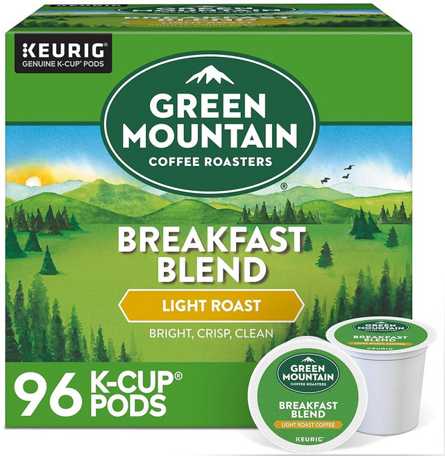 Green Mountain Coffee Roasters 디카페인 커피 그린 마운틴 로스터스 브렉퍼스트 블렌드 싱글 서브 키우릭 K컵 포드 라이트 로스트 32개입, 아침 블렌드