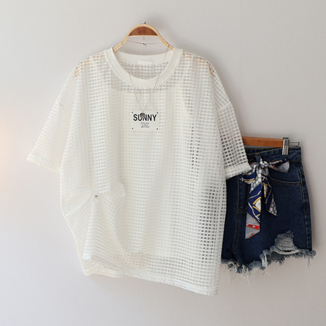 반팔 티셔츠 레이어드 네모 망사 비치웨어