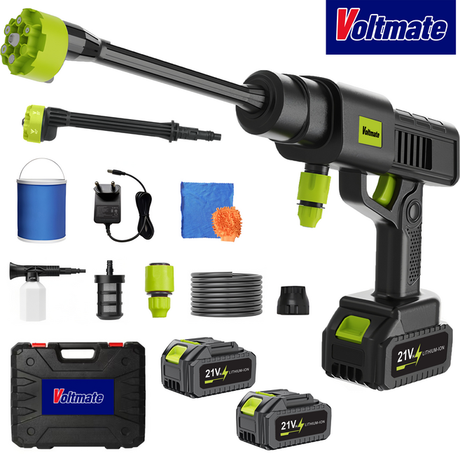 최신형 Voltmate 독일 고성능 순동 모터 10단계 속도 조절 LED 표시 6in1 다용도 노즐 리튬 배터리 2개 가정 휴대용 세차기 고압 세척기, 1세트