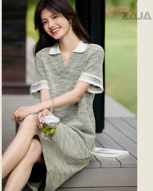 ZAJA 여성 캐주얼 반팔 브이넥 원피스 여름 데일리룩