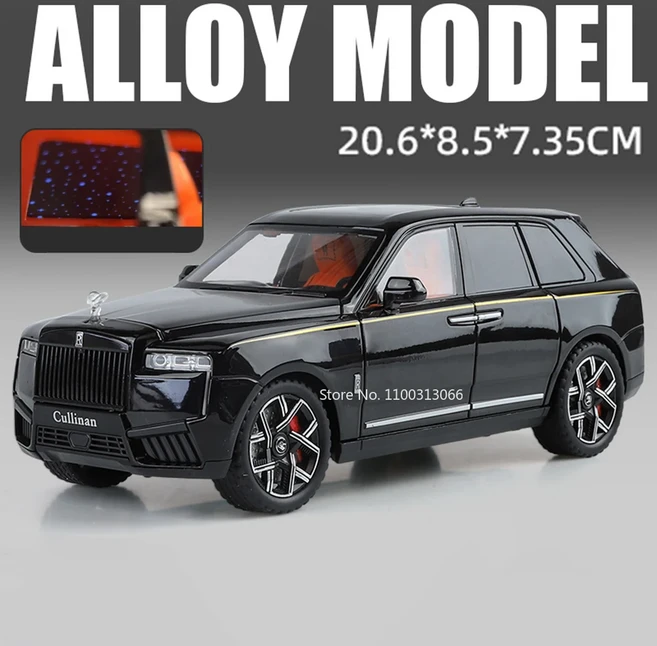 1:24 롤스로이스 Cullinan Spectre 자동차 장난감 모델 합금 라이트 사운드 소형 휠 조향 차량 장식품, 06 Cullinan Black