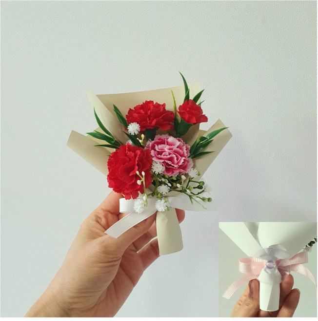 카네이션 납골당 미니꽃다발 조화 3컬러(큐방 양면테이프포함)추모 봉안당 조화, 1개, 레드