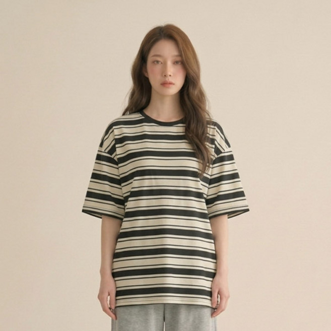 드마엘 여성 레노드 오버핏 배색 스트라이프 반팔티 (3color)+델로나