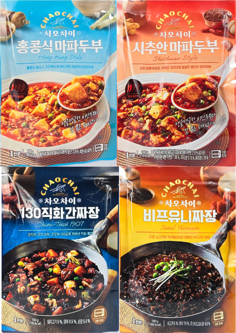 차오차이 즉석 4종 짜장 + 마파두부 세트구성 ( 130직화간짜장+비프유니짜장+홍콩식마파두부+시추안마파두부) 각 1개입, 4세트, 720g